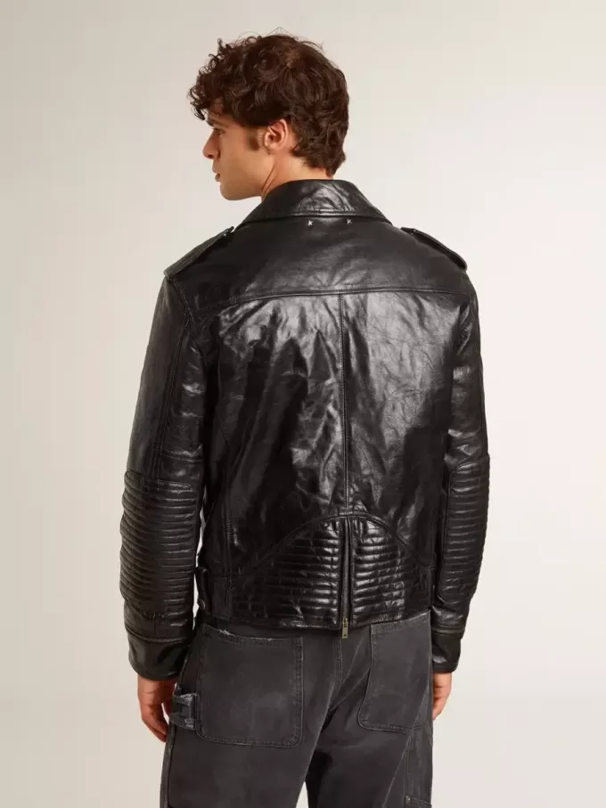 Schwarze Herren-Bikerjacke aus Leder mit Glanzeffekt