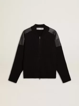 Schwarze Herrenjacke aus Merinowolle mit Lederaufnähern