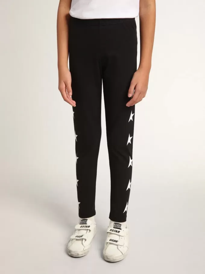 Schwarze Leggings für Mädchen mit weißen Sternen an den Seiten Schwarze Leggings für Mädchen mit weißen Sternen an den Seiten