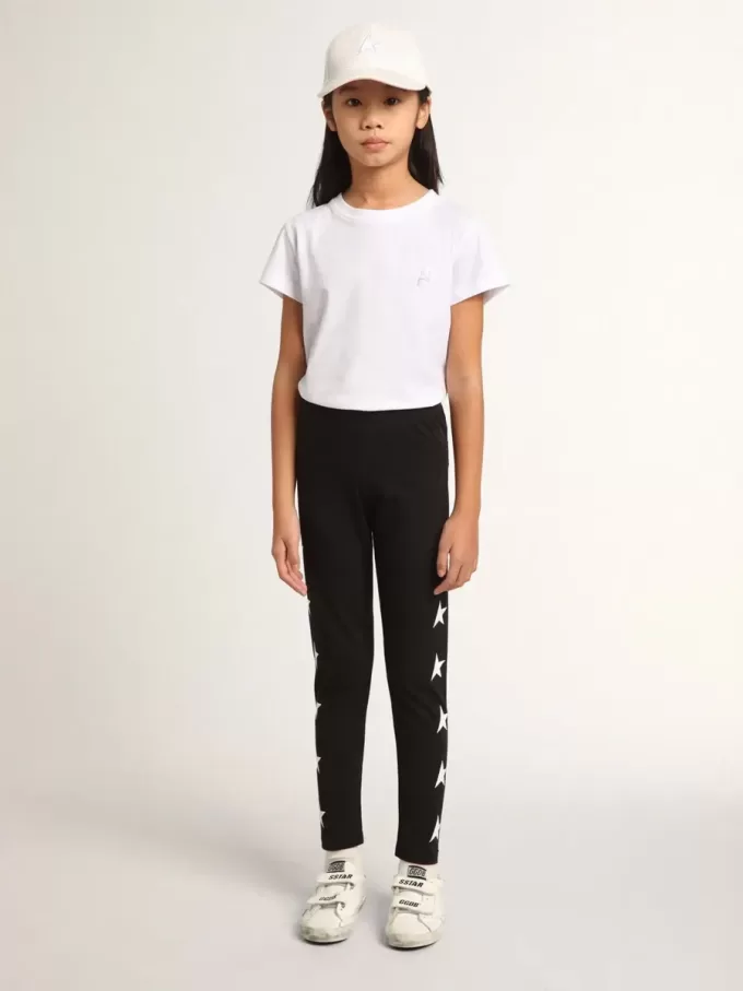 Schwarze Leggings für Mädchen mit weißen Sternen an den Seiten Schwarze Leggings für Mädchen mit weißen Sternen an den Seiten