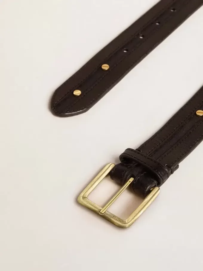 Schwarzer Damen-Gürtel aus gewaschenem Leder mit goldenen Nieten