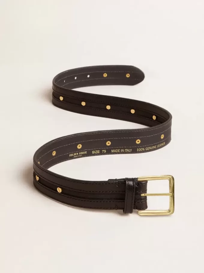 Schwarzer Damen-Gürtel aus gewaschenem Leder mit goldenen Nieten