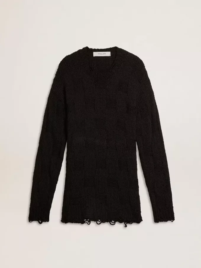 Schwarzer Herrenpullover aus Wolle mit Used-Look Schwarzer Herrenpullover aus Wolle mit Used-Look