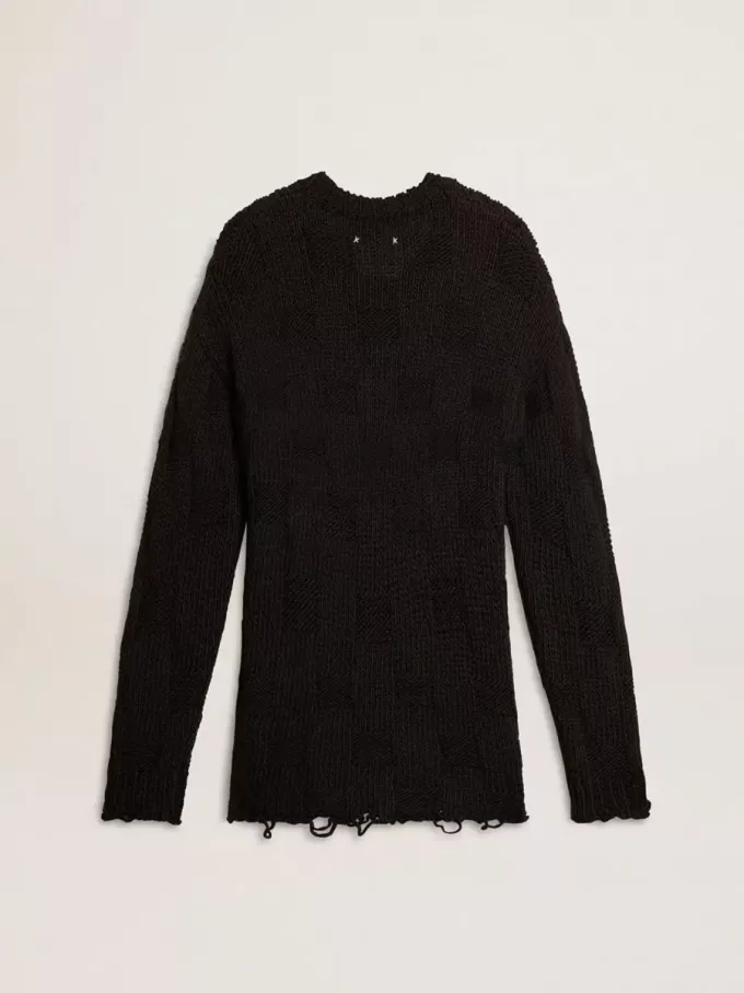 Schwarzer Herrenpullover aus Wolle mit Used-Look Schwarzer Herrenpullover aus Wolle mit Used-Look