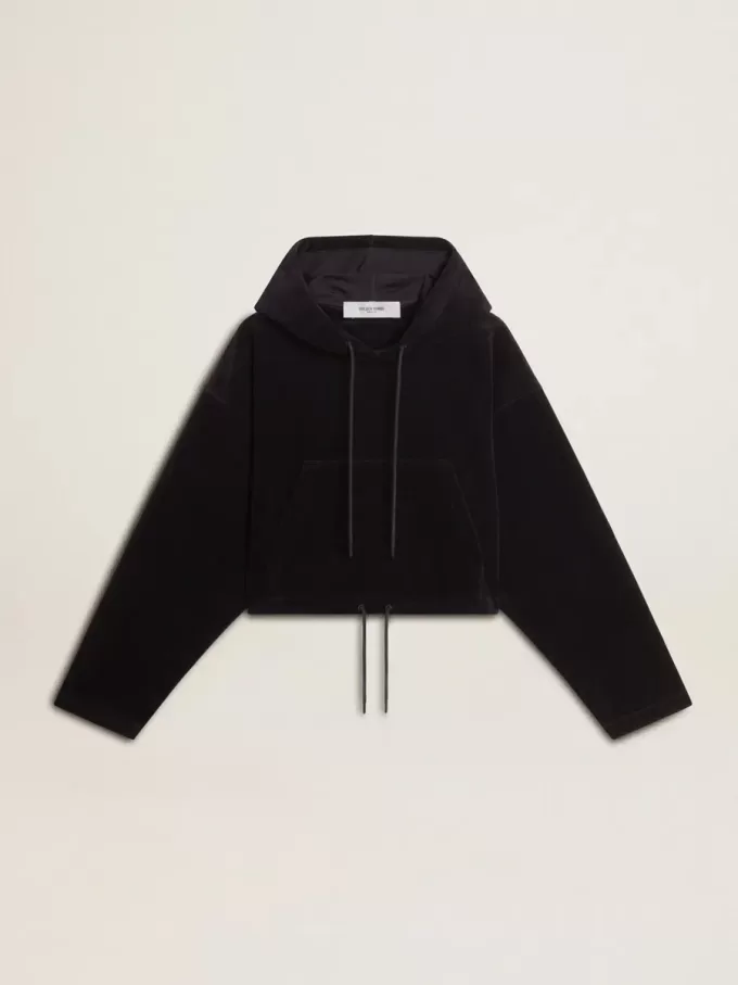 Schwarzes Chenille-Sweatshirt für Damen mit Stickerei auf dem Rücken Schwarzes Chenille-Sweatshirt für Damen mit Stickerei auf dem Rücken