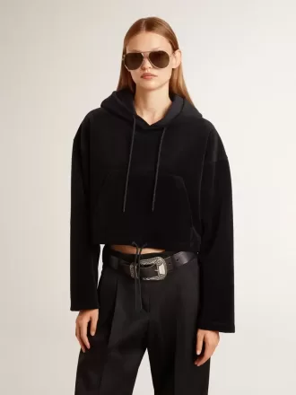 Schwarzes Chenille-Sweatshirt für Damen mit Stickerei auf dem Rücken