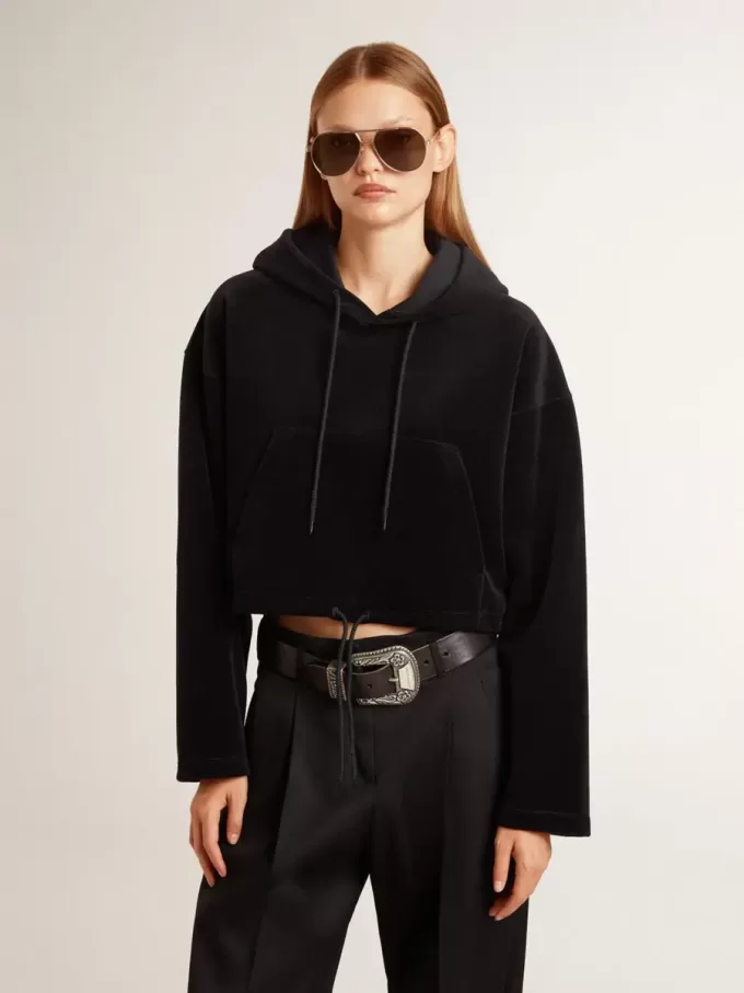 Schwarzes Chenille-Sweatshirt für Damen mit Stickerei auf dem Rücken Schwarzes Chenille-Sweatshirt für Damen mit Stickerei auf dem Rücken