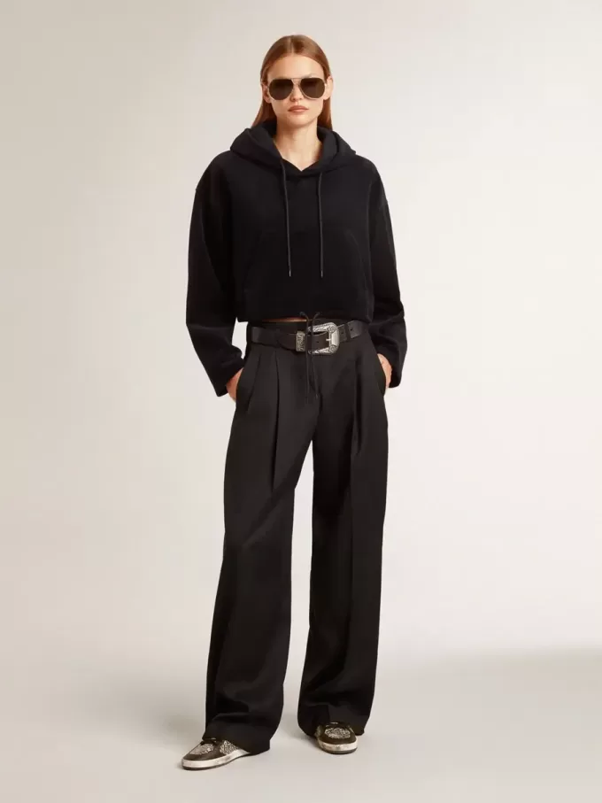 Schwarzes Chenille-Sweatshirt für Damen mit Stickerei auf dem Rücken Schwarzes Chenille-Sweatshirt für Damen mit Stickerei auf dem Rücken