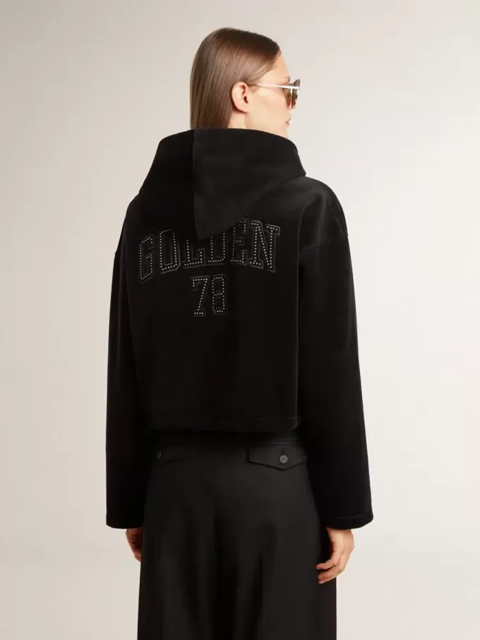 Schwarzes Chenille-Sweatshirt für Damen mit Stickerei auf dem Rücken Schwarzes Chenille-Sweatshirt für Damen mit Stickerei auf dem Rücken