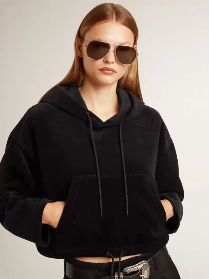 Schwarzes Chenille-Sweatshirt für Damen mit Stickerei auf dem Rücken Schwarzes Chenille-Sweatshirt für Damen mit Stickerei auf dem Rücken