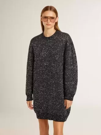 Schwarzes Damenkleid mit Rundhalsausschnitt und silbernen Pailletten
