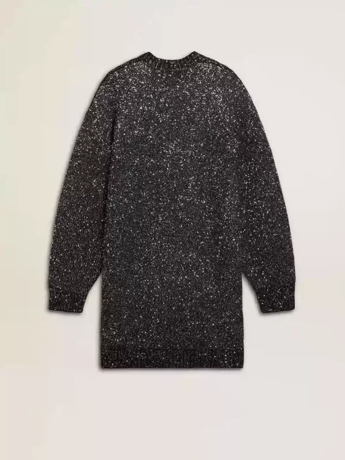 Schwarzes Damenkleid mit Rundhalsausschnitt und silbernen Pailletten