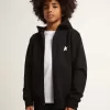 Schwarzes Kapuzensweatshirt mit kontrastierendem weißen Stern und Logo
