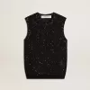 Schwarzes Mesh-Strickoberteil mit Pailletten und kontrastierenden Details