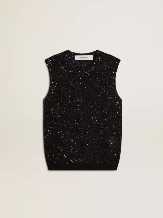Schwarzes Mesh-Strickoberteil mit Pailletten und kontrastierenden Details