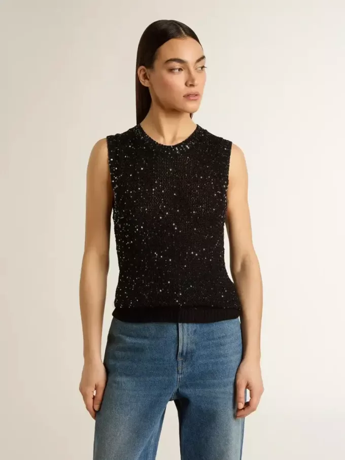Schwarzes Mesh-Strickoberteil mit Pailletten und kontrastierenden Details