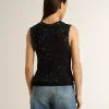 Schwarzes Mesh-Strickoberteil mit Pailletten und kontrastierenden Details