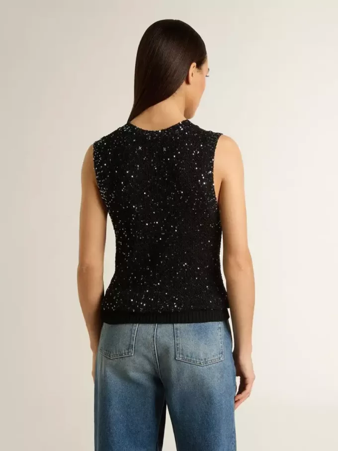Schwarzes Mesh-Strickoberteil mit Pailletten und kontrastierenden Details