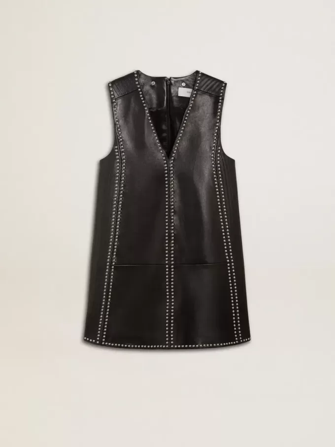 Schwarzes Nappalederkleid für Damen mit Nieten