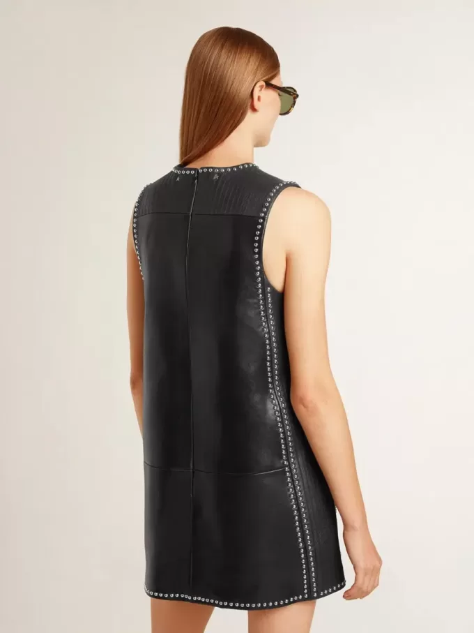 Schwarzes Nappalederkleid für Damen mit Nieten