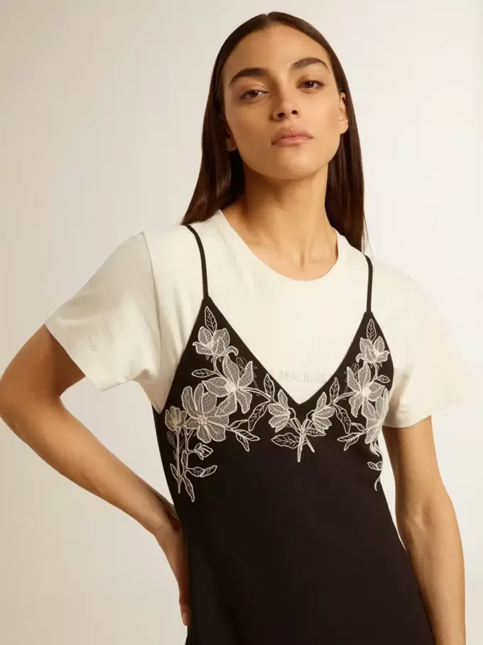 Schwarzes Slipdress für Damen mit Stickerei