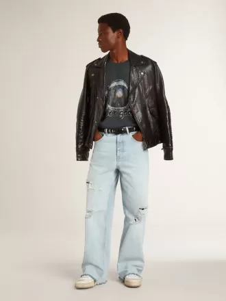Schwarze Herren-Bikerjacke aus Leder mit Glanzeffekt