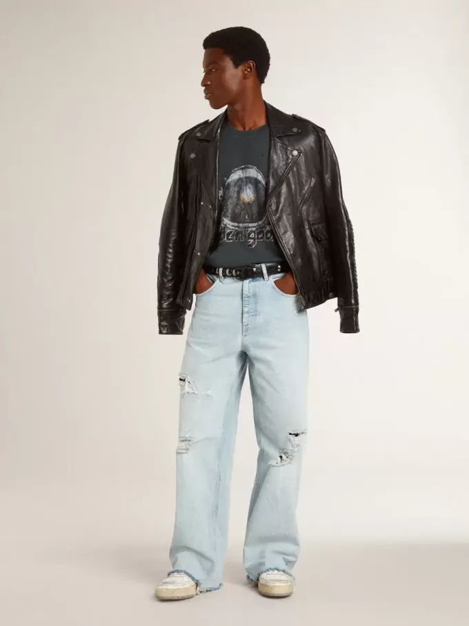 Schwarze Herren-Bikerjacke aus Leder mit Glanzeffekt