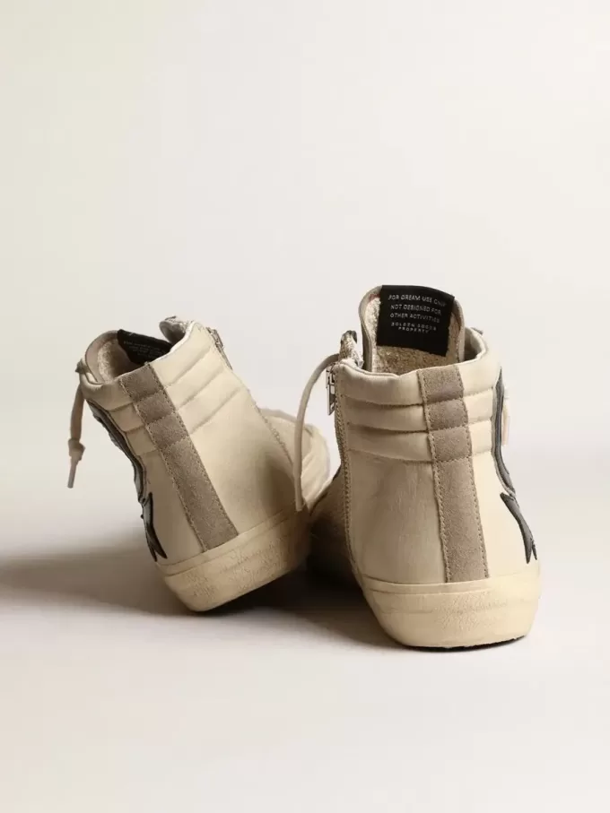 Slide aus beigem Mesh und Nylon mit blauem Lederstern und Blitz