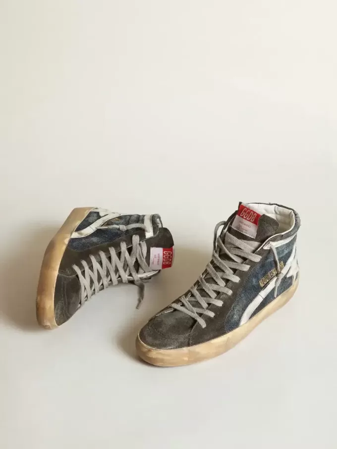 Slide aus mitternachtsblauem Denim mit weißem Lederstern Slide aus mitternachtsblauem Denim mit weißem Lederstern