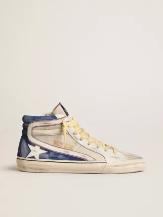 Slide aus perlfarbenem Canvas und blauem Wildleder mit weißem Lederstern und Blitz Slide aus perlfarbenem Canvas und blauem Wildleder mit weißem Lederstern und Blitz