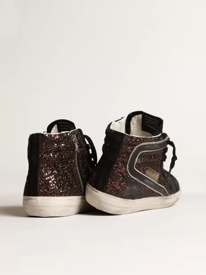 Slide in Braun mit Glitzer, schwarzem Lederstern und Blitz