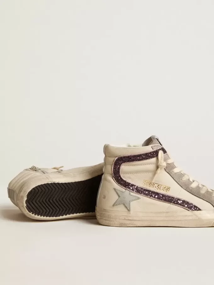Slide mit grauem Lederstern und weinrotem Glitzerstreifen