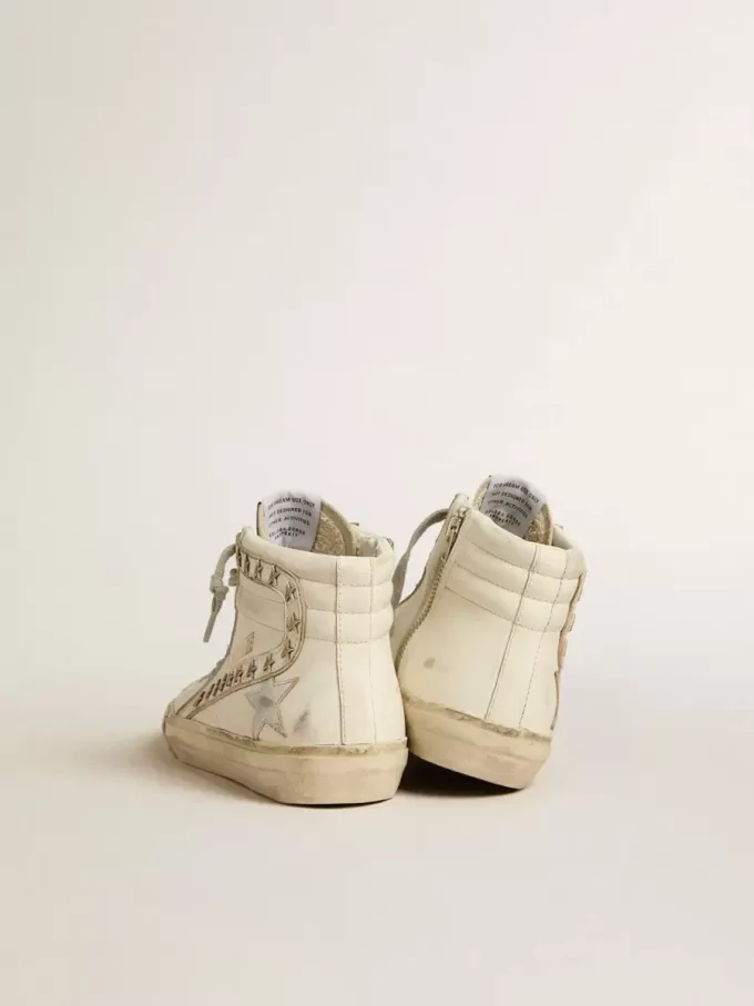 Slide mit silbernem Metallic-Lederstern und Lederblitz mit Sternen