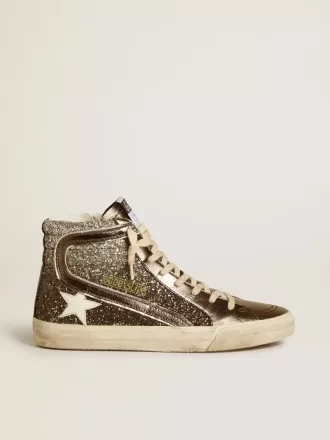 Slide-Sneaker für Damen in Schwarz und Silberglitter mit Lederstern und Metallic-Flash