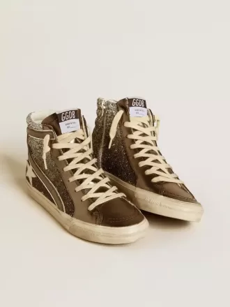 Slide-Sneaker für Damen in Schwarz und Silberglitter mit Lederstern und Metallic-Flash
