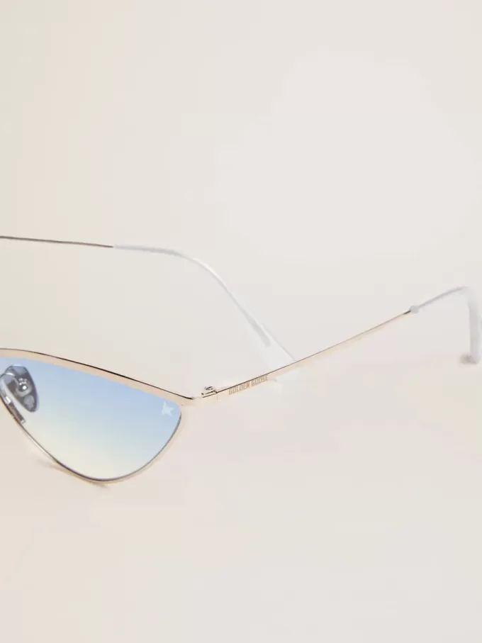 Sonnenbrille im Cat-Eye-Stil mit silbernem Rahmen und blauen Gläsern Sonnenbrille im Cat-Eye-Stil mit silbernem Rahmen und blauen Gläsern