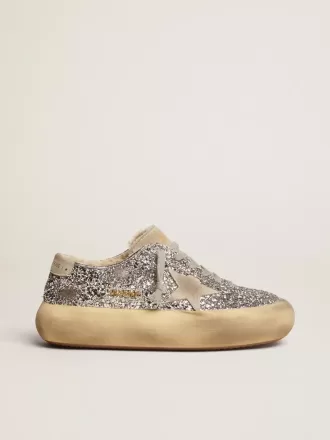 Space-Star-Schuhe für Damen in Silberglitzer mit Lammfellfutter