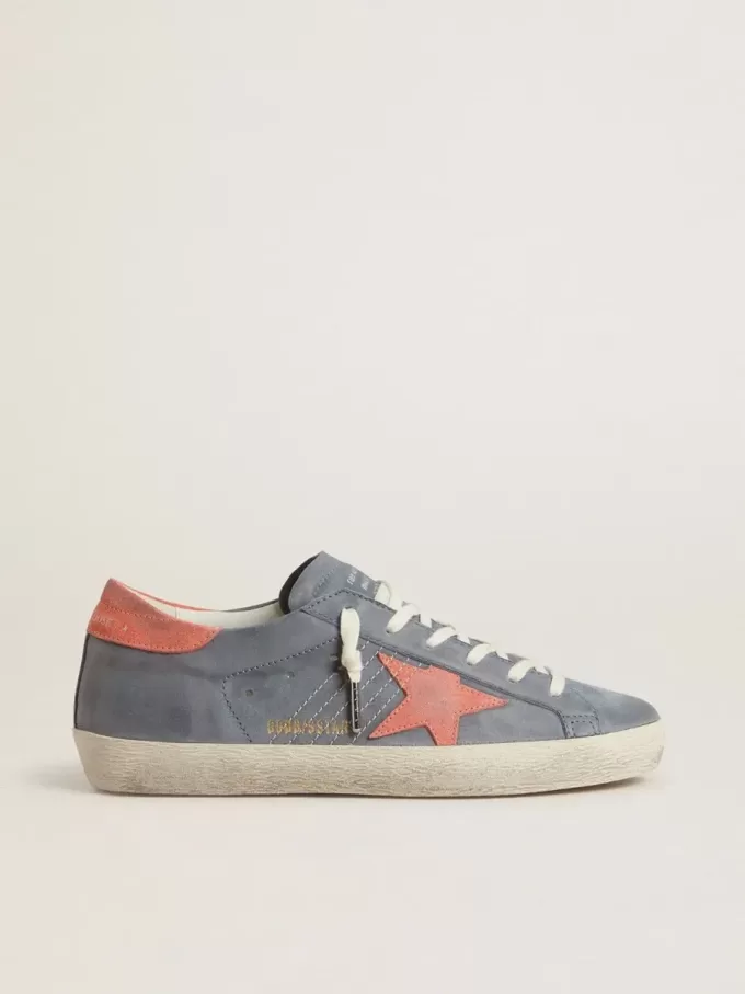 Super Star für Damen aus blauem Nubukleder mit rosa Wildlederstern und Fersenlasche Super Star für Damen aus blauem Nubukleder mit rosa Wildlederstern und Fersenlasche
