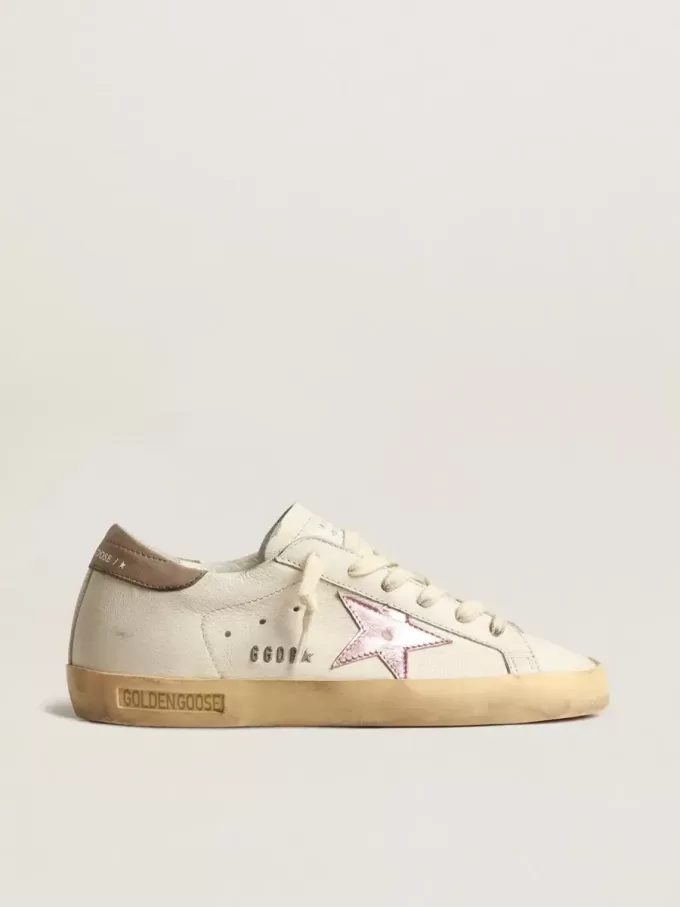 Super-Star für Damen aus weißem Nappaleder mit rosa Metallic-Lederstern
