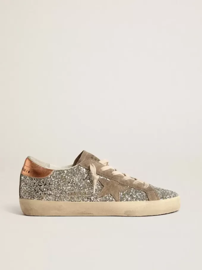 Super-Star für Damen in Platin-Glitzer mit taubengrauem Wildlederstern