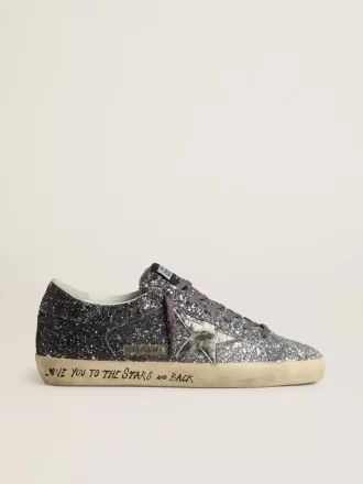 Super Star für Damen mit glitzerndem Obermaterial und silbernem Metallic-Lederstern