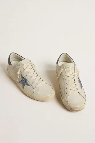 Super-Star LTD mit cremefarbenem Lederstern mit Swarovski-Kristallen und blauem Lederabsatz mit Eidechsenprint