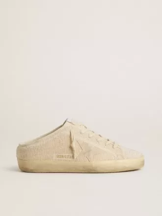 Super-Star Sabot für Damen aus beigem Canvas mit gestickten Perlen und beigem Wildlederstern