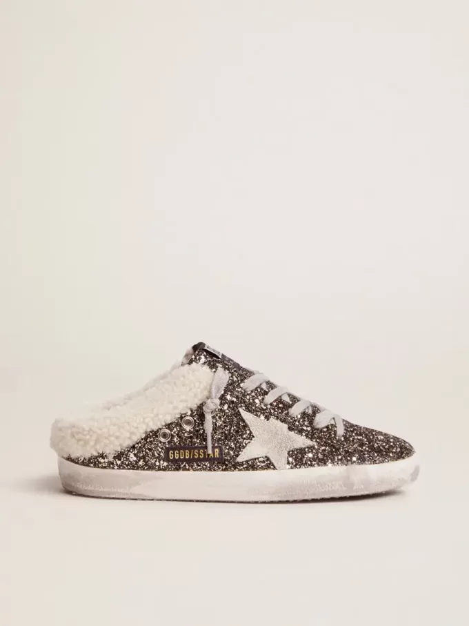 Super-Star Sabot für Damen mit Glitzer und Lammfellfutter Super-Star Sabot für Damen mit Glitzer und Lammfellfutter