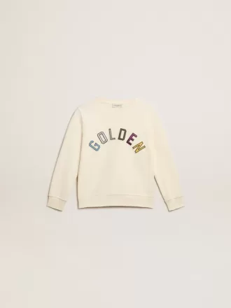 Sweatshirt in Altweiß mit mehrfarbigem Golden-Schriftzug auf der Vorderseite