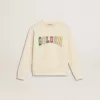 Sweatshirt in Altweiß mit mehrfarbigem Golden-Schriftzug auf der Vorderseite