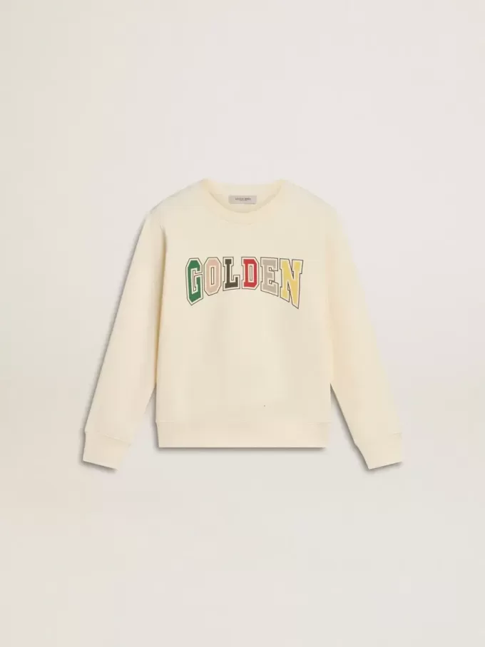 Sweatshirt in Altweiß mit mehrfarbigem Golden-Schriftzug auf der Vorderseite