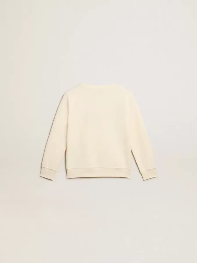 Sweatshirt in Altweiß mit mehrfarbigem Golden-Schriftzug auf der Vorderseite