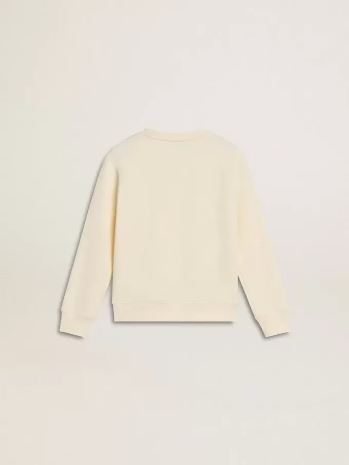 Sweatshirt in Altweiß mit mehrfarbigem Golden-Schriftzug auf der Vorderseite