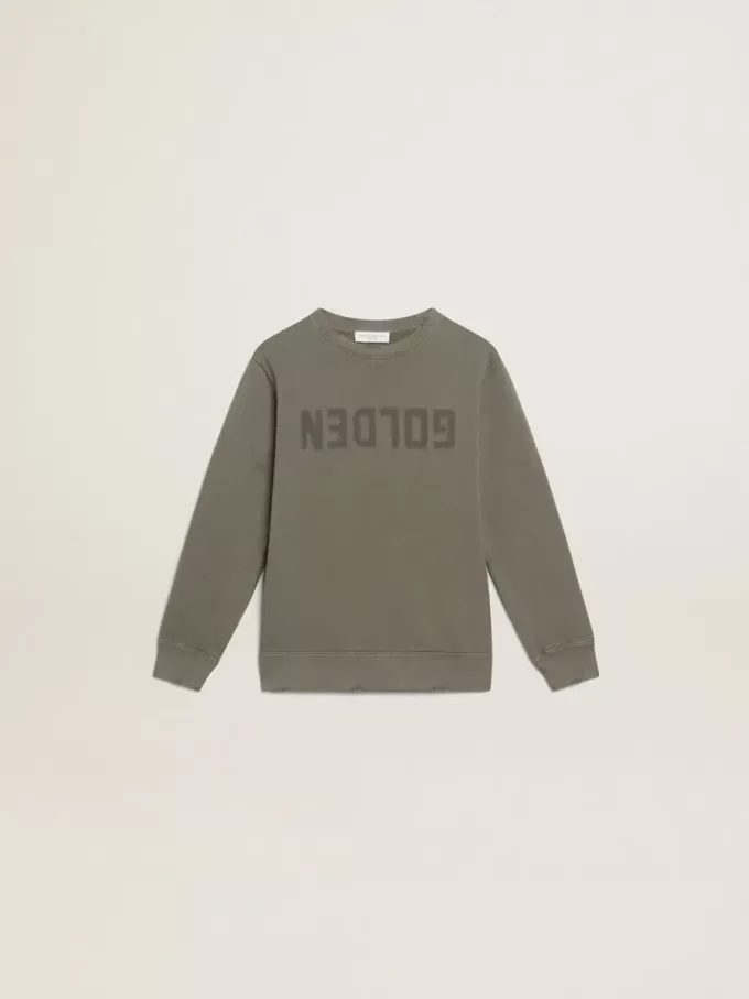 Sweatshirt in Distressed-Optik in Olivgrün mit goldenem Schriftzug auf der Vorderseite